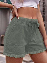 elastic waist drawstring casual high waist raw edge denim shorts for women - 808Lush