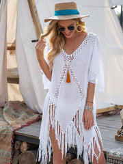 splicing top jacket tassel irregular bikini beach cover-up - 808Lush