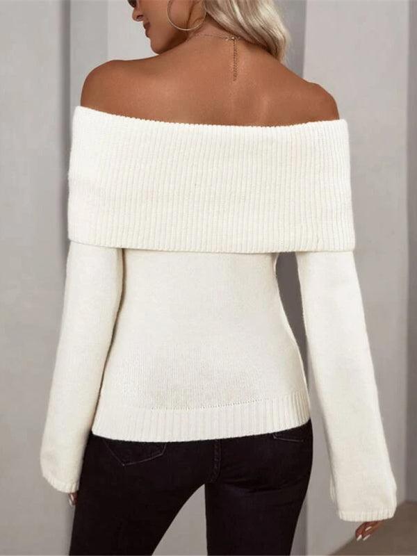 one-line collar slim fashion sexy knitted long-sleeved sweater - 808Lush