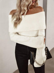 one-line collar slim fashion sexy knitted long-sleeved sweater - 808Lush