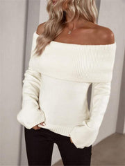 one-line collar slim fashion sexy knitted long-sleeved sweater - 808Lush