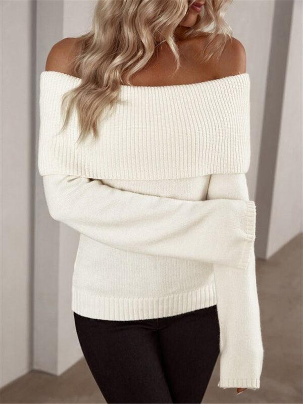 one-line collar slim fashion sexy knitted long-sleeved sweater - 808Lush