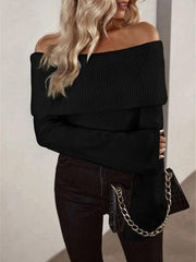 one-line collar slim fashion sexy knitted long-sleeved sweater - 808Lush