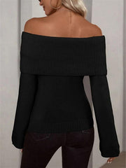 one-line collar slim fashion sexy knitted long-sleeved sweater - 808Lush