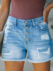 ripped patch tassel personality one-row button denim shorts hot pants - 808Lush