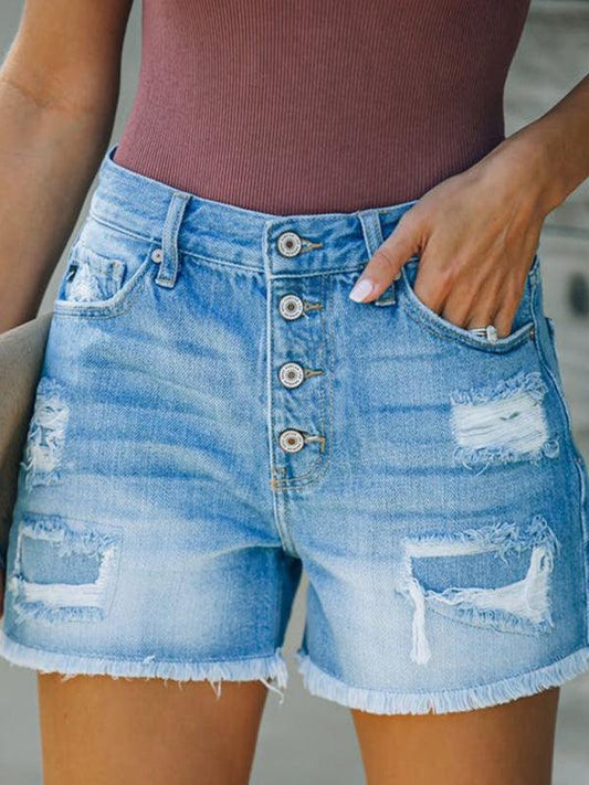 ripped patch tassel personality one-row button denim shorts hot pants - 808Lush