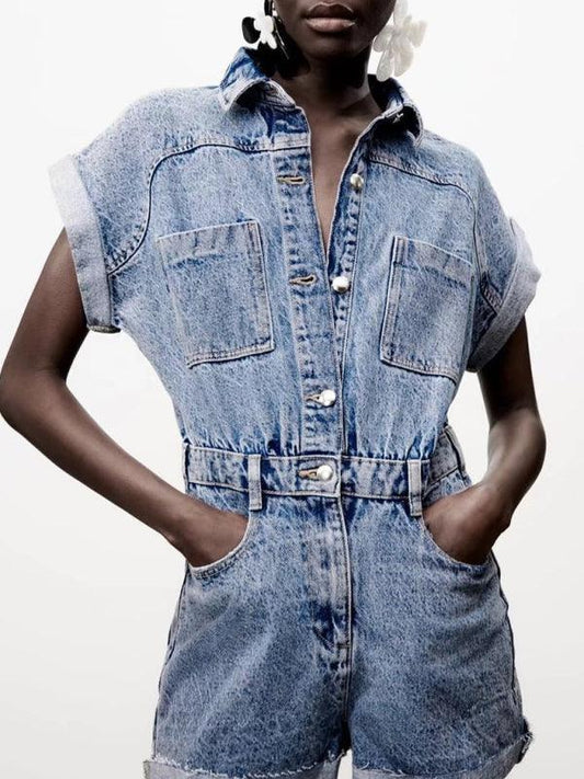 single-breasted denim short-sleeved jumpsuit with lapel pockets - 808Lush