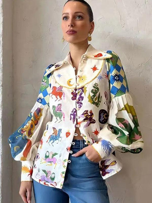 single-breasted lapel printed lantern sleeve long-sleeved shirt - 808Lush