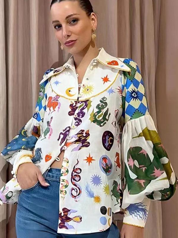 single-breasted lapel printed lantern sleeve long-sleeved shirt - 808Lush