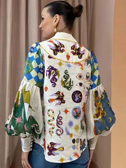 single-breasted lapel printed lantern sleeve long-sleeved shirt - 808Lush