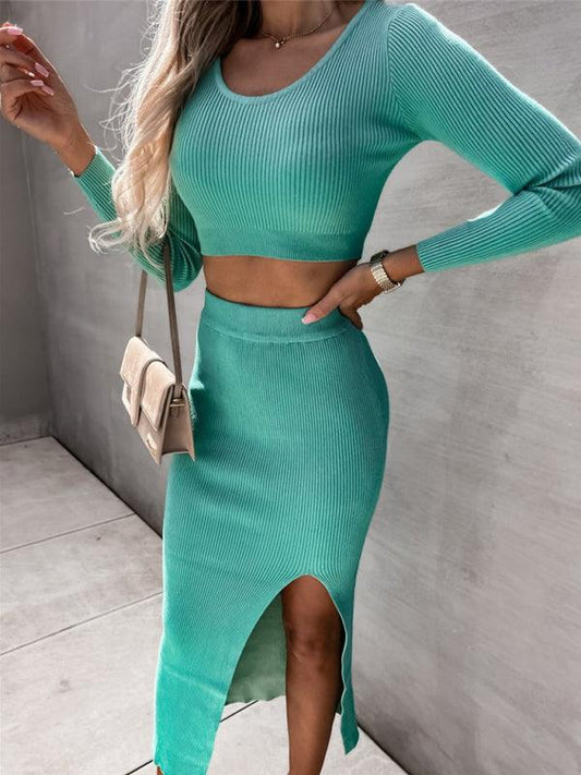sexy skirt two-piece set style solid color threaded long-sleeved - 808Lush