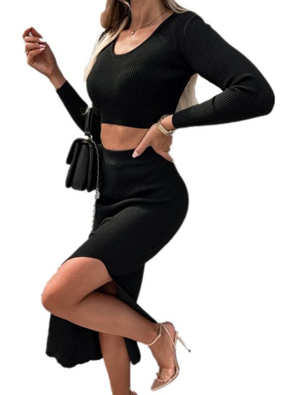 sexy skirt two-piece set style solid color threaded long-sleeved - 808Lush