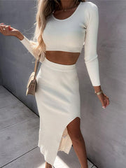 sexy skirt two-piece set style solid color threaded long-sleeved - 808Lush