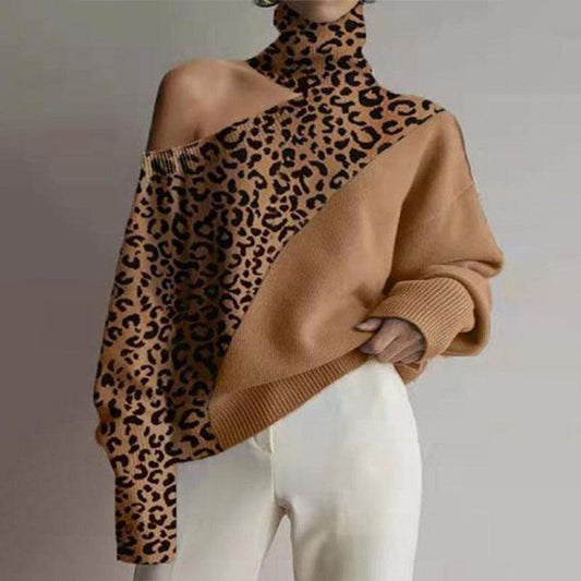 turtleneck off-the-shoulder knitted sweater women leopard print long-sleeved top - 808Lush