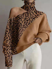 turtleneck off-the-shoulder knitted sweater women leopard print long-sleeved top - 808Lush