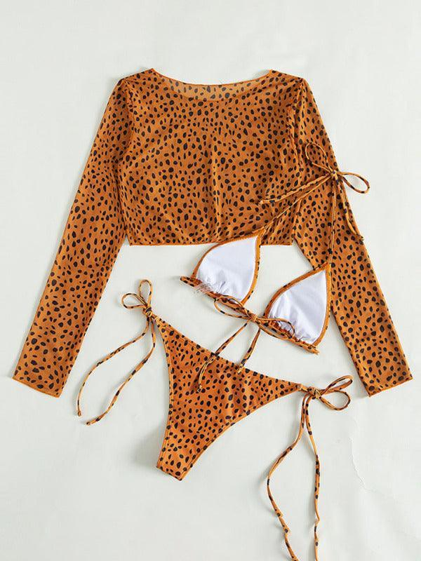 3 piece bikini set long-sleeved mesh jacket leopard - 808Lush