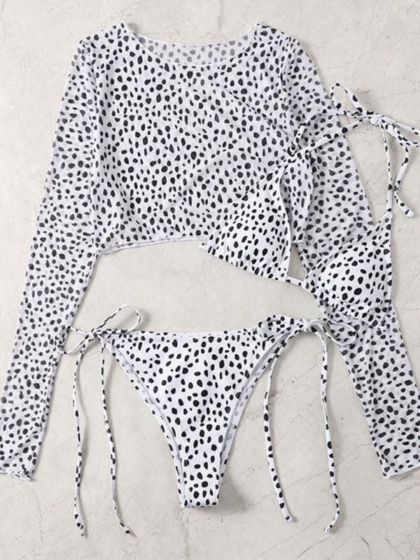 3 piece bikini set long-sleeved mesh jacket leopard - 808Lush