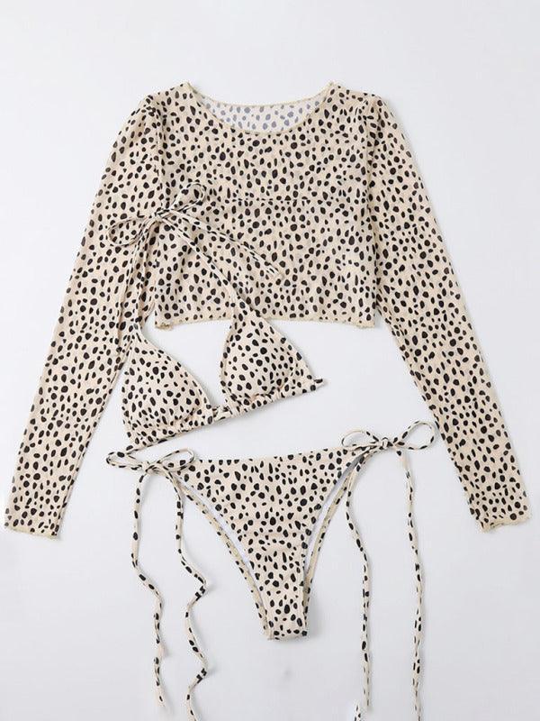 3 piece bikini set long-sleeved mesh jacket leopard - 808Lush