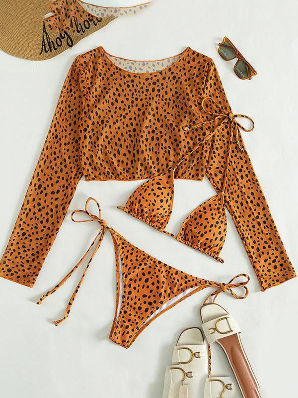 3 piece bikini set long-sleeved mesh jacket leopard - 808Lush