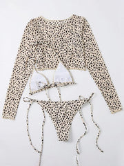 3 piece bikini set long-sleeved mesh jacket leopard - 808Lush