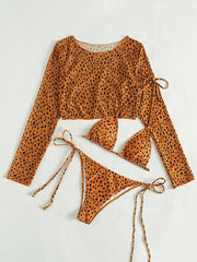 3 piece bikini set long-sleeved mesh jacket leopard - 808Lush