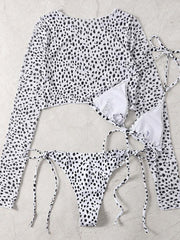 3 piece bikini set long-sleeved mesh jacket leopard - 808Lush