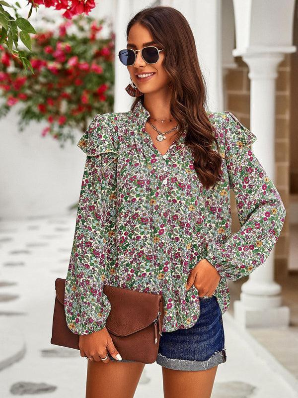 casual plant floral print long-sleeved shirt top - 808Lush