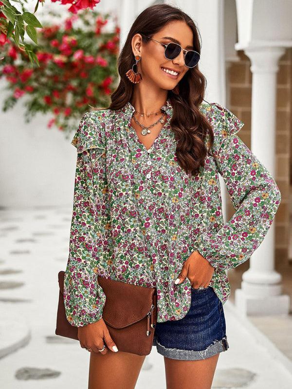 casual plant floral print long-sleeved shirt top - 808Lush