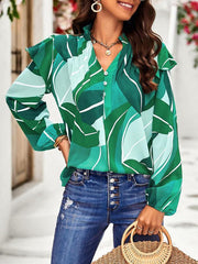 casual plant floral print long-sleeved shirt top - 808Lush