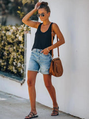 casual ripped hole rolled edge five point denim shorts - 808Lush