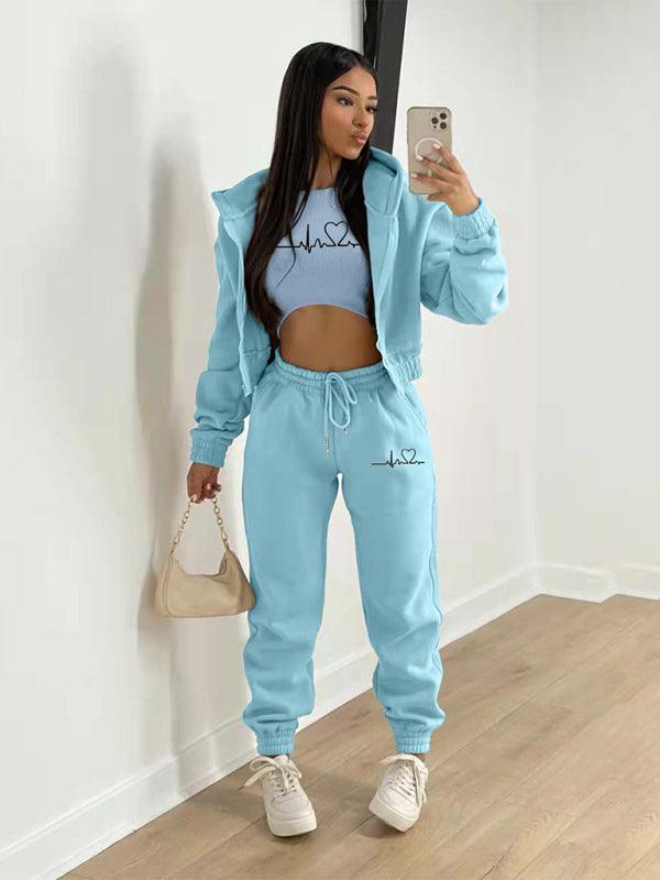 velvet sweatshirt hooded letter print casual suit (three-piece set) - 808Lush