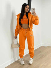 velvet sweatshirt hooded letter print casual suit (three-piece set) - 808Lush