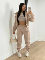 velvet sweatshirt hooded letter print casual suit (three-piece set) - 808Lush