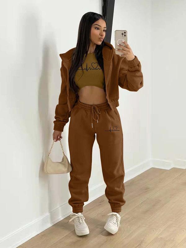 velvet sweatshirt hooded letter print casual suit (three-piece set) - 808Lush