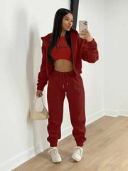 velvet sweatshirt hooded letter print casual suit (three-piece set) - 808Lush