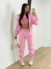 velvet sweatshirt hooded letter print casual suit (three-piece set) - 808Lush