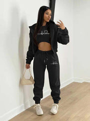 velvet sweatshirt hooded letter print casual suit (three-piece set) - 808Lush