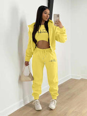 velvet sweatshirt hooded letter print casual suit (three-piece set) - 808Lush