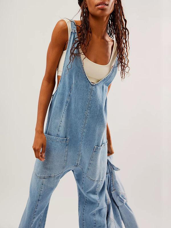 washed denim V-neck jumpsuit adjustable overalls - 808Lush