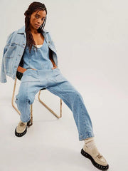 washed denim V-neck jumpsuit adjustable overalls - 808Lush