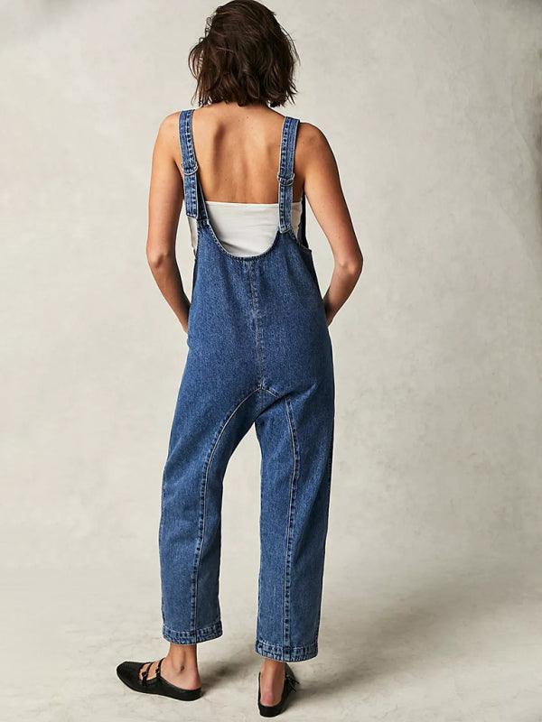 washed denim V-neck jumpsuit adjustable overalls - 808Lush