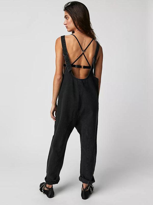 washed denim V-neck jumpsuit adjustable overalls - 808Lush