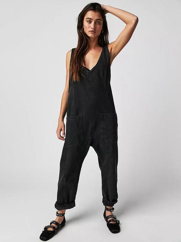 washed denim V-neck jumpsuit adjustable overalls - 808Lush