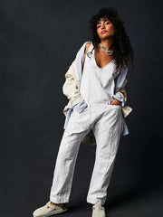 washed denim V-neck jumpsuit adjustable overalls - 808Lush