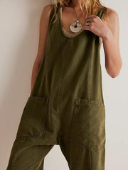 washed denim V-neck jumpsuit adjustable overalls - 808Lush