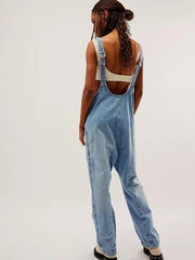 washed denim V-neck jumpsuit adjustable overalls - 808Lush