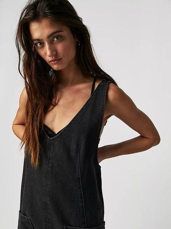 washed denim V-neck jumpsuit adjustable overalls - 808Lush