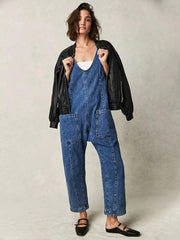 washed denim V-neck jumpsuit adjustable overalls - 808Lush