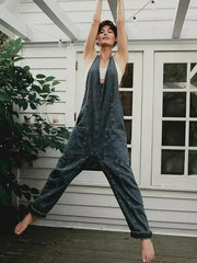 washed denim V-neck jumpsuit adjustable overalls - 808Lush