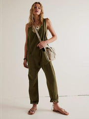 washed denim V-neck jumpsuit adjustable overalls - 808Lush